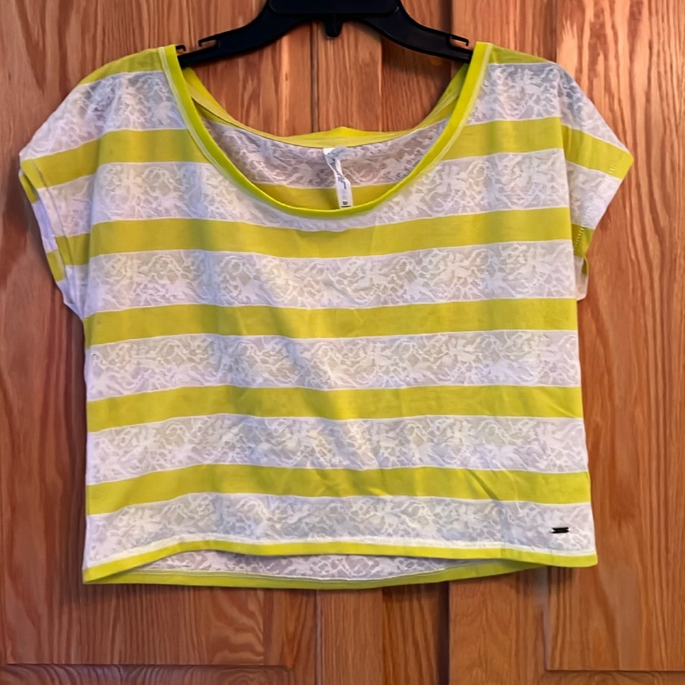Yellow and White Striped Floral Mesh Top